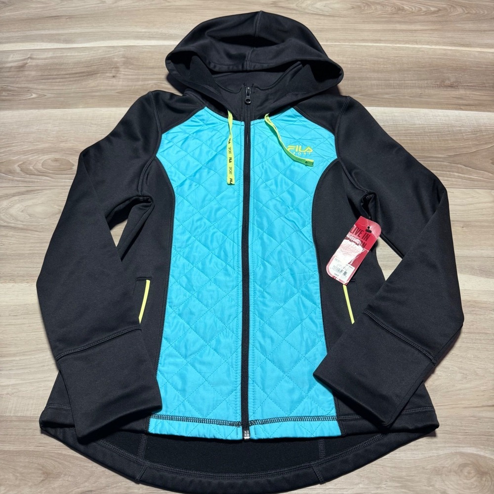 Fila Sport Full Zip Hoodie Women Small Black Teal Quilted Active Jacket ACF33609